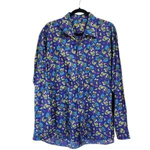 Allan Flusser Shirt XL Button Down Pineapple Print Blue 100% Cotton